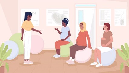 Poster - Animated pregnancy class. Fitness instructor with pregnant women on exercise balls. Flat color 2D cartoon characters animation with gym on background. 4K video footage with alpha channel