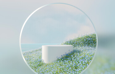Poster - Natural beauty podium backdrop with spring blue flowers landscape scene. 3d rendering.