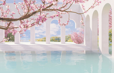 Poster - Natural beauty podium backdrop with spring sakura cherry blossom landscape scene. 3d rendering.