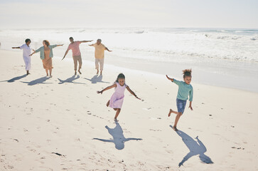 Wall Mural - Family have fun on beach, freedom and travel, generations and happy people outdoor, grandparents with parents and kids. Adventure, carefree and excited, running and playful with happiness on vacation