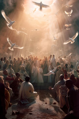 On Pentecost the Holy Spirit will descend on them. A lot of people have gathered together. Generative AI