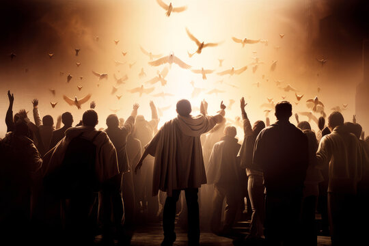 on pentecost the holy spirit will descend on them. a lot of people have gathered together. generativ