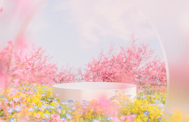Poster - Natural beauty podium backdrop with spring sakura cherry blossom landscape scene. 3d rendering.