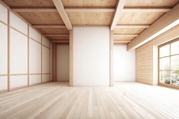 Wall Mural - Muji design, an empty wooden room, and interior cleaning of a Japanese room. Generative AI