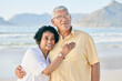 © Charlize D/peopleimages.com - Senior couple at beach, hug and smile with travel, retirement and love outdoor, vacation with view and relax in nature. Peace, zen and tropical island, man and woman with marriage and happiness