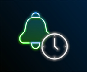 Sticker - Glowing neon line Alarm clock icon isolated on black background. Wake up, get up concept. Time sign. Colorful outline concept. Vector