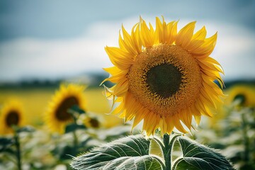 Poster - Blurry yellow green background and sunflower on thin stem in front., created with generative ai