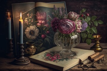 Wall Mural - a vintage flower bouquet on a wood table, surrounded by old books and candles., created with generative ai