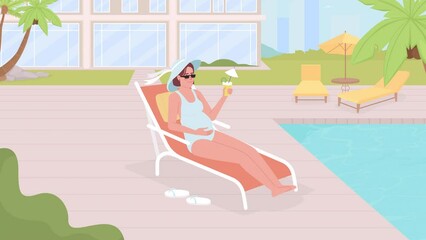 Poster - Animated babymoon getaway. Resting in all inclusive hotel. Tropical destination. Flat color 2D cartoon character animation with swimming pool on background. 4K video footage with alpha channel