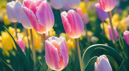 Canvas Print - Transparent pale pink tulip flower petals on light green stems., created with generative ai