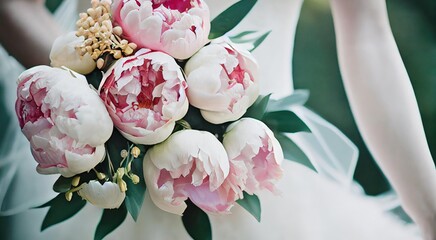 Poster - Wedding bouquet for bride with soft pink lush peonies., created with generative ai