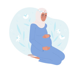 Poster - feeling happy during pregnancy 2d vector isolated spot illustration. pregnant woman carefully palmin