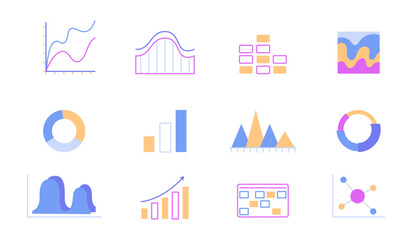 Poster - Diagrams, charts and graphs semi flat color vector icons bundle. Editable images. Full sized elements on white. Simple cartoon style spot illustrations pack for web graphic design and animation