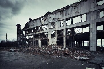 Canvas Print - Empty abandoned site with ruins of destroyed industrial buildings., created with generative ai