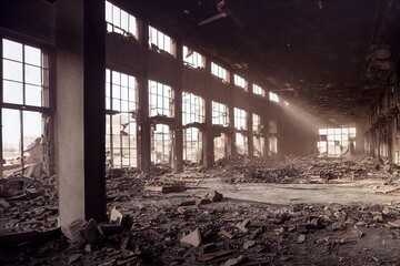 Canvas Print - Empty abandoned workshop of destroyed industrial buildings and factories., created with generative ai