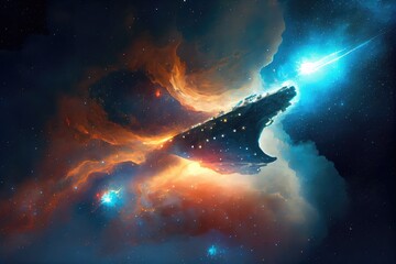 Canvas Print - spaceship floating past nebula, with stars shining in the background, created with generative ai