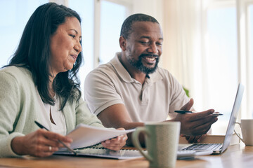 Canvas Print - Budget, finance and happy interracial couple planning home investment, savings or mortgage and taxes together in the living room. Married people review financial insurance document or paperwork