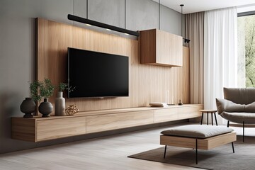 Wall Mural - TV cabinet in contemporary living room with wooden wall décor as background. Generative AI