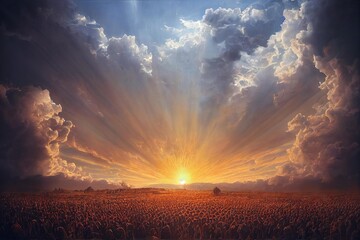 Poster - Biblical picture of old empty tomb in piercing rays of sun., created with generative ai