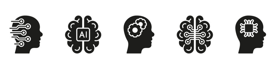 Poster - Cyber Education Glyph Symbol Collection on White Background. Intelligent Technology Solid Black Pictogram Set. Digital Science, Brainstorm, Human Head Silhouette Icons. Isolated Vector Illustration