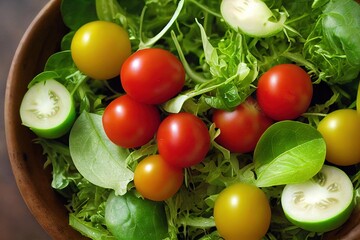 Sticker - Bright healthy green salad with oil with cucumbers and tomatoes., created with generative ai