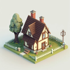 Wall Mural - Rural isometric house model with land isolated on white background. Generative AI.