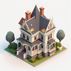 Wall Mural - Victorian isometric house model with land isolated on white background. Generative AI.