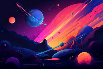 Wall Mural - Colorful space background with planets and stars, illustration painting style.