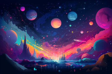 Wall Mural - colorful space background with planets and stars, illustration painting style.