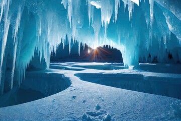 Canvas Print - Hanging icicles in ice cave in Arctic., created with generative ai