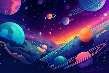 Wall Mural - colorful space background with planets and stars, illustration painting style.