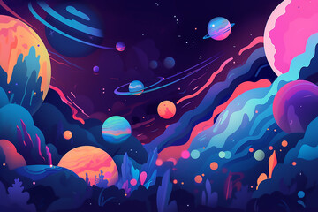 Wall Mural - colorful space background with planets and stars, illustration painting style.