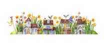 A Flowery Street With Daffodils, Hyacinths, Primroses, Birdhouses, Old Houses And Birds. Fairy Tale Watercolor Illustration. Flowers, Cups And Houses.