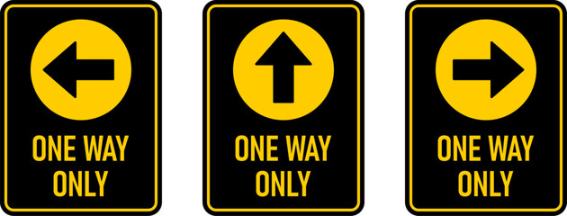 Poster - Set of One Way Only Vertical Warning Sign Poster or Sticker Design Icon with Direction Arrow and Text. Vector Image.