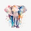 Watercolor Elephant portrait, painted illustration of a safari mammal on a blank background, Colorful splashes animal head, AI generated