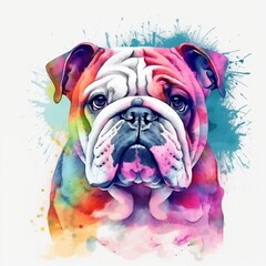 Wall Mural - Watercolor Bulldog portrait, painted illustration of a cute dog on a blank background, Colorful splashes puppy head, AI generated