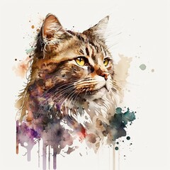 Wall Mural - Watercolor Cat portrait, painted illustration of a cute domestic cat on a blank background, Colorful splashes animal head, AI generated