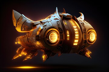 Sticker - glowing lights and futuristic design of fantastic spaceship against black background, created with generative ai