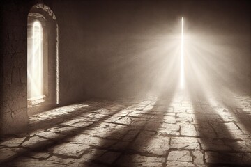 Poster - Empty grave in stone cave with light breaking through door., created with generative ai