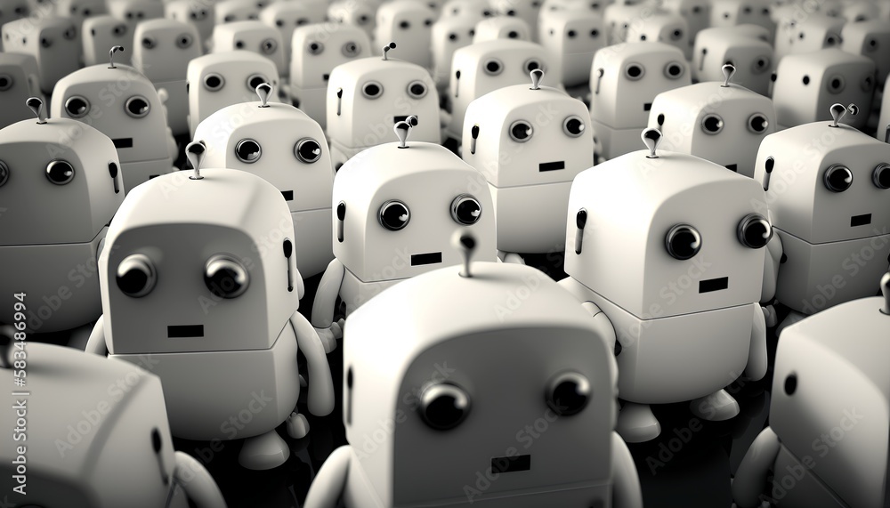 Crowd of white robots, showcasing advanced AI, machine learning, and ...