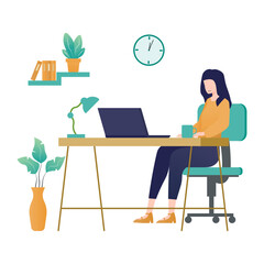 Wall Mural - Young woman working at home. Freelance, work from home concept. Vector illustration