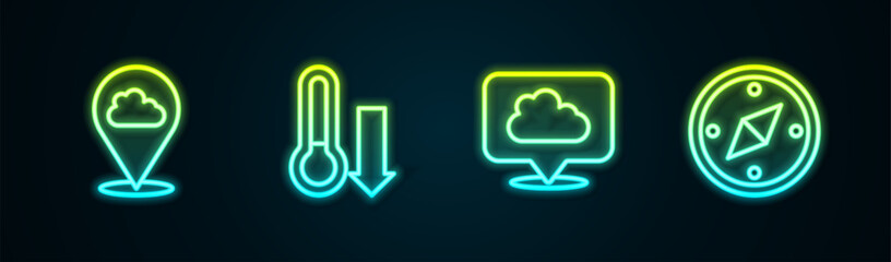 Poster - Set line Location cloud, Meteorology thermometer, and Compass. Glowing neon icon. Vector