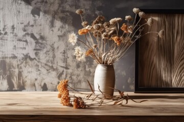 Wall Mural - dried flower and a wooden wall to up a still life. Generative AI