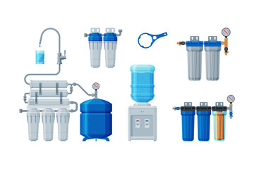 Sticker - Water Filter System with Cartridge for Drinking Water Vector Set