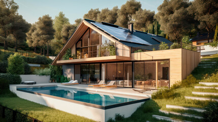Wall Mural - photovoltaic solar panels in modern house roof. alternative and renewable energy concept. generative