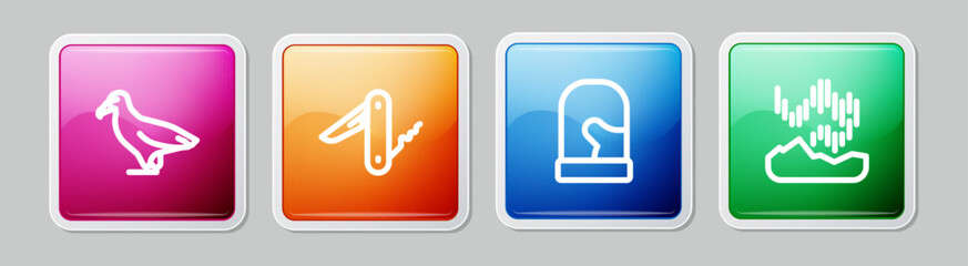 Sticker - Set line Albatross, Swiss army knife, Christmas mittens and Northern lights. Colorful square button. Vector