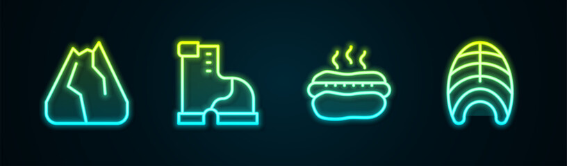 Poster - Set line Mountains, Winter warm boot, Hotdog sandwich and Fish steak. Glowing neon icon. Vector