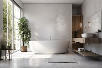 Wall Mural - In a bathroom with gray walls and a concrete floor, there is a white bathtub. the minimalist idea. a mockup. Generative AI