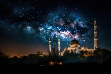 Wall Mural - Beautiful night sky during Ramadan Kareem, with stars twinkling in the background and a mosque illuminated illustration generative ai