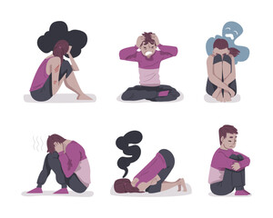 Sticker - Psychological Instability with Man and Woman Having Mental Disorder and Phobia Vector Set